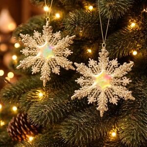 Snowflake Ornaments Set Prismatic Glitter 4 Inch Plastic
